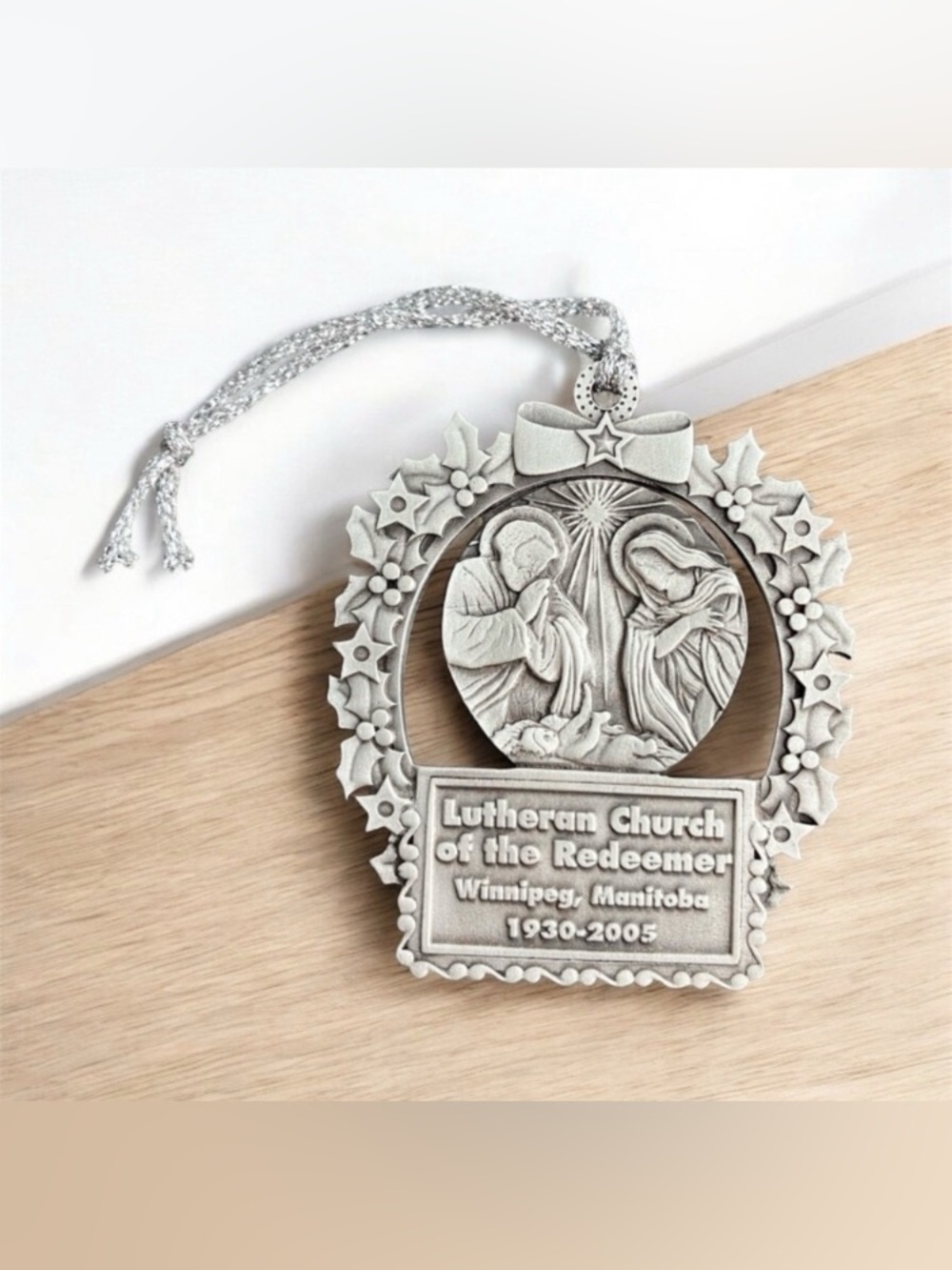 Solid Pewter Lutheran Church of the Redeemer Christmas Ornament Religion Wreath